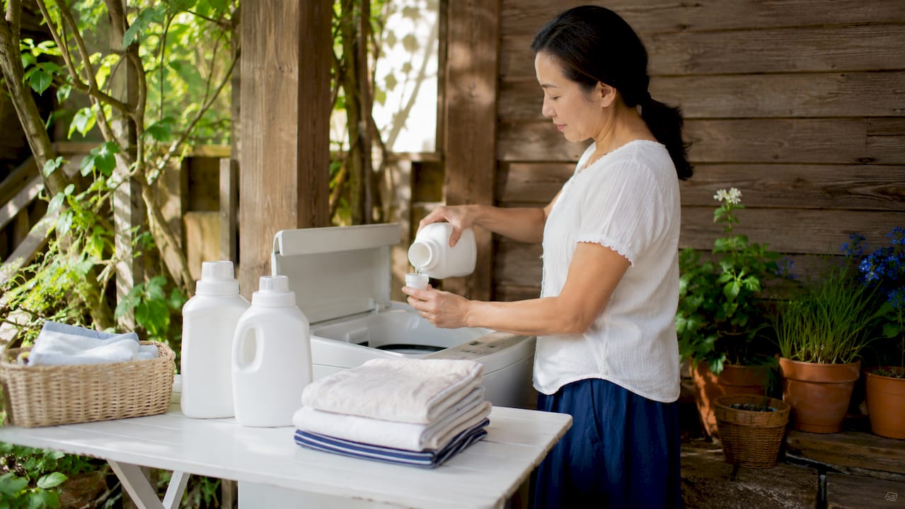 Woman using sensitive detergent in laundry room
