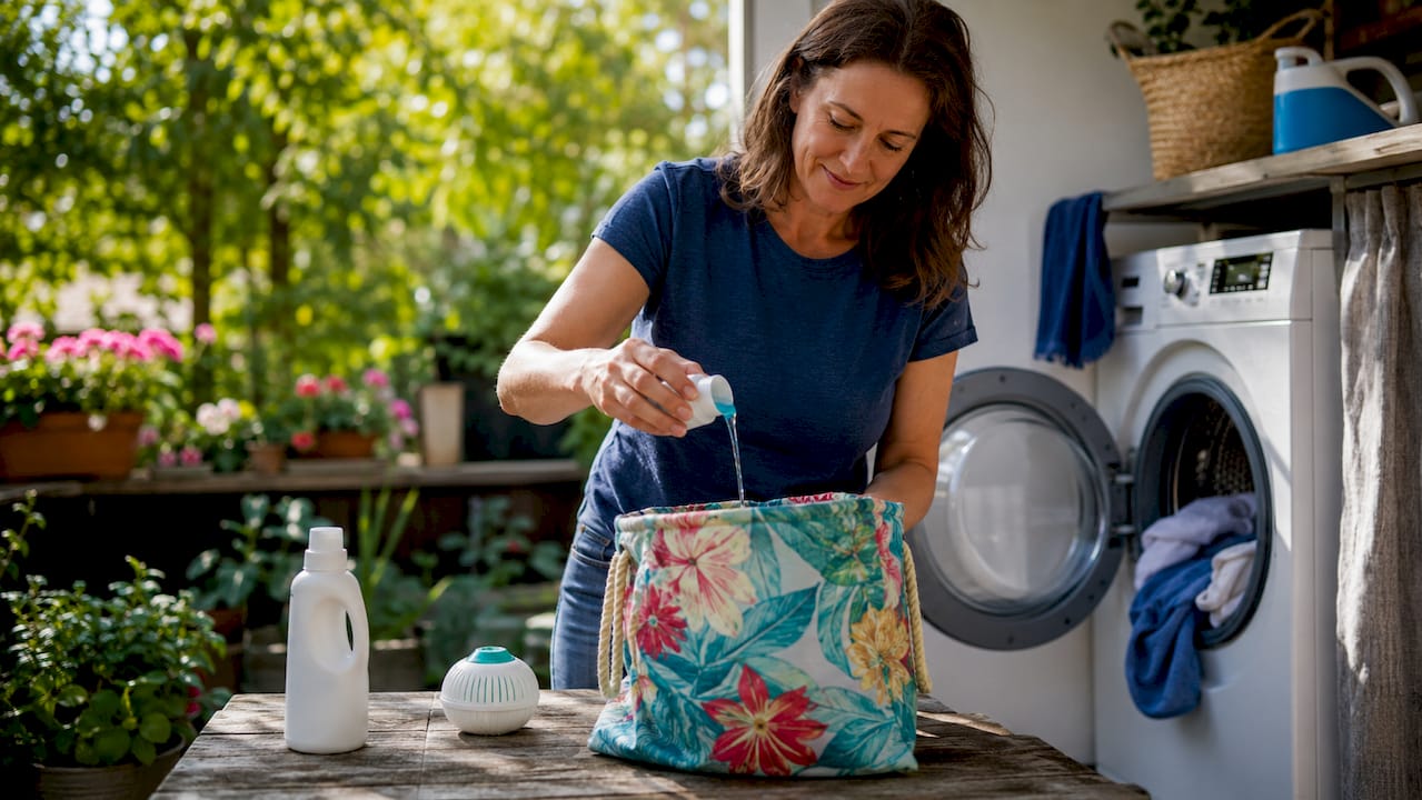 Woman pouring detergent near laundry bag and washer