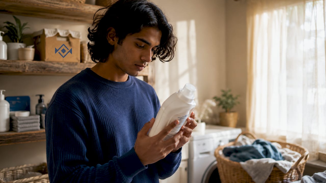 Person reading laundry detergent label in kitchen