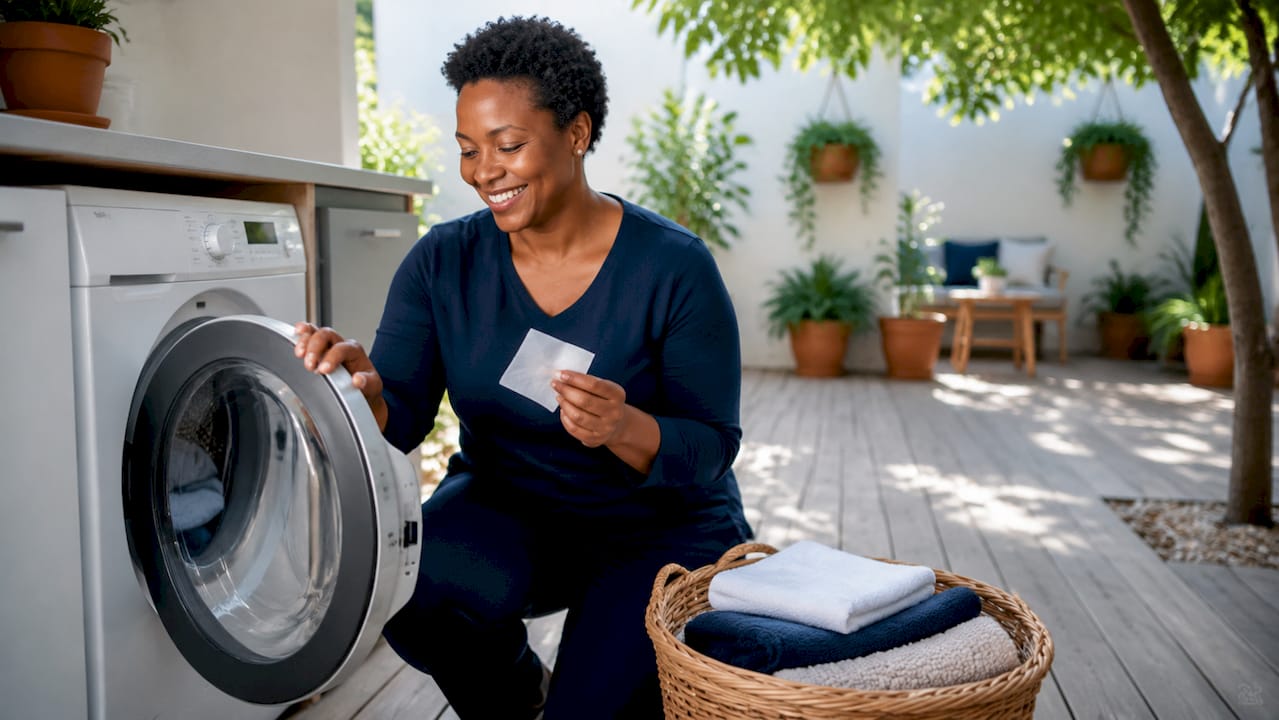 Woman loading washing machine with eco detergent