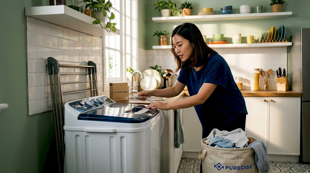 Woman using portable washer in apartment laundry nook