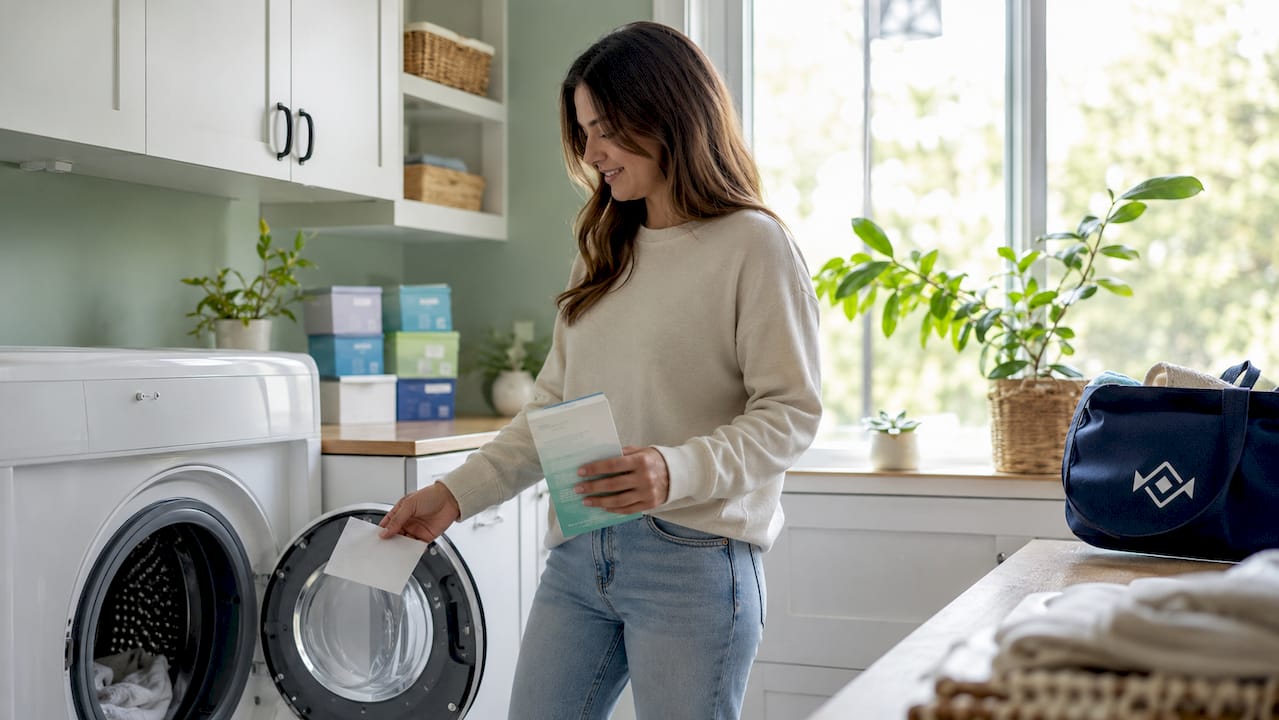 Woman using eco-friendly laundry detergent sheets in laundry room