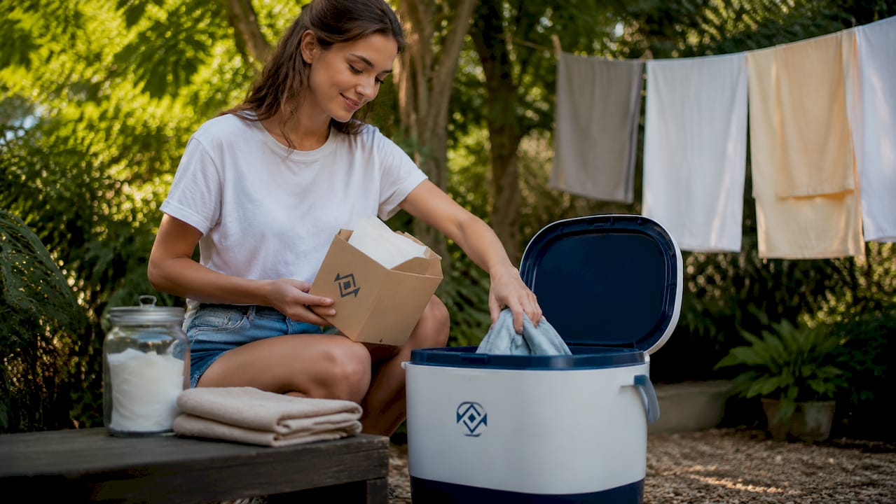 Woman loading eco-friendly laundry detergent sheets
