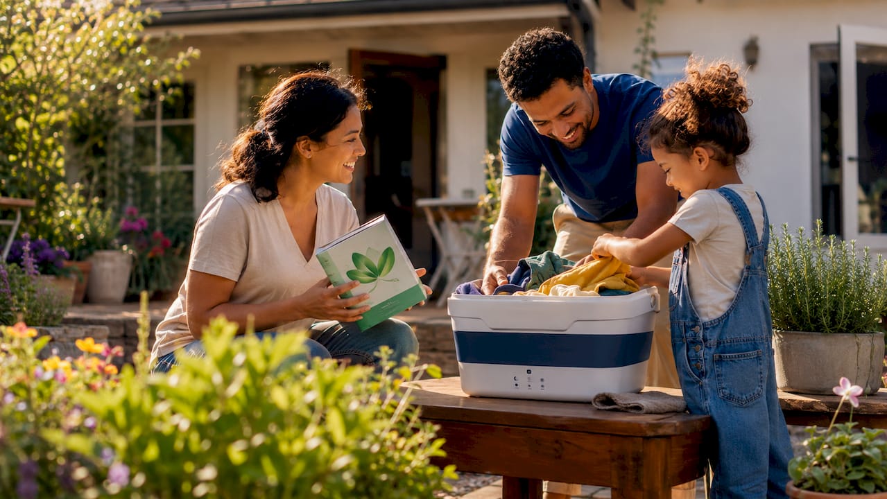Family using plant-based laundry detergent in laundry room