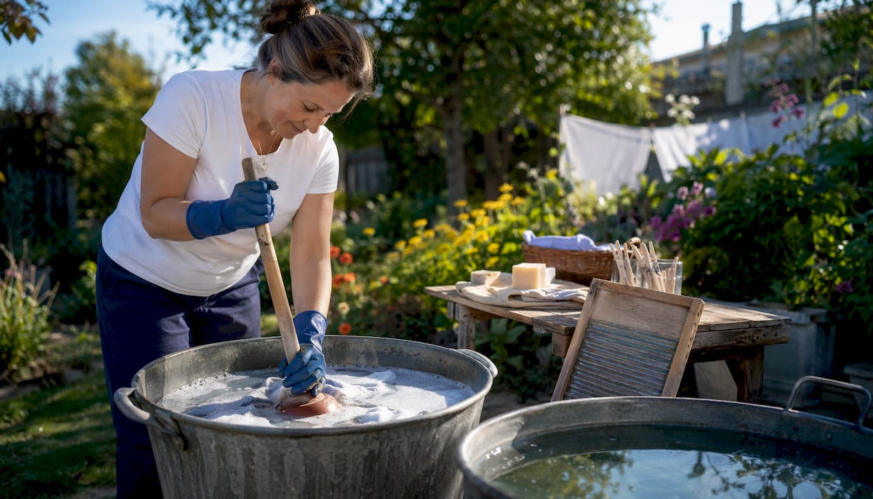 Woman using bucket and plunger for laundry outdoors