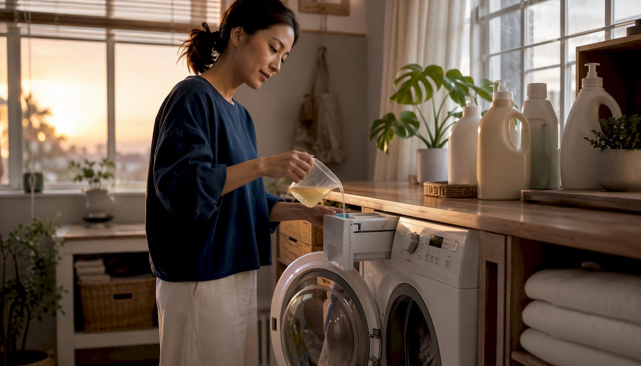 Woman measuring detergent in laundromat
