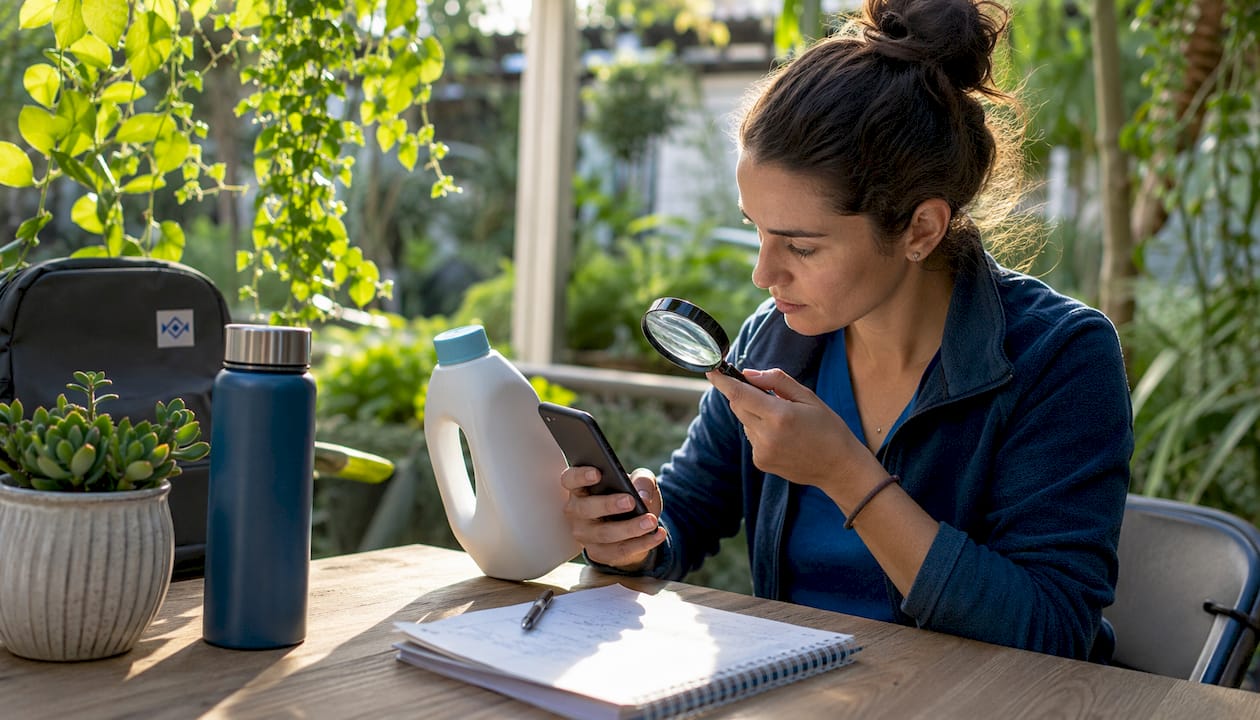 Scientist examining detergent label at kitchen table
