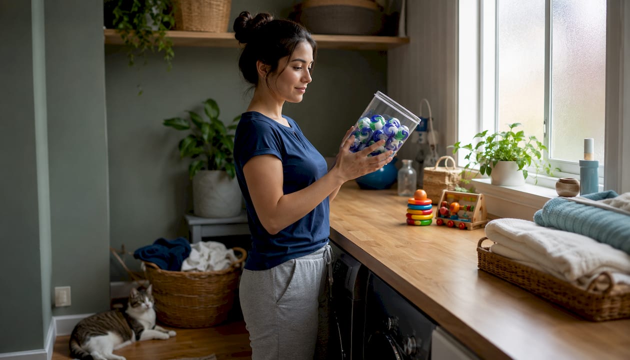 Parent examining laundry detergent pods at home