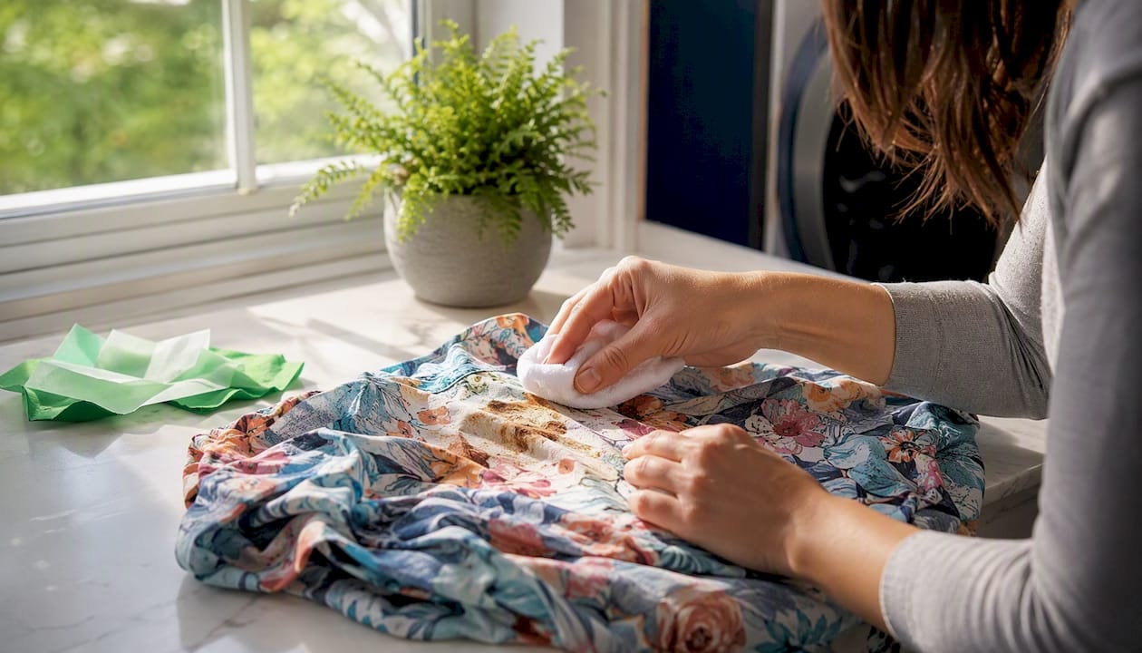 Hands covering stained fabric with damp cloth