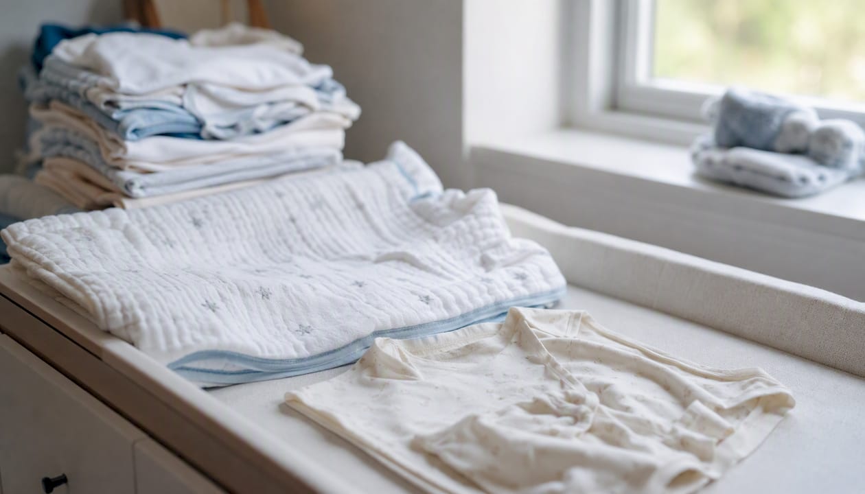 Nursery corner with baby clothes and cleaning supplies
