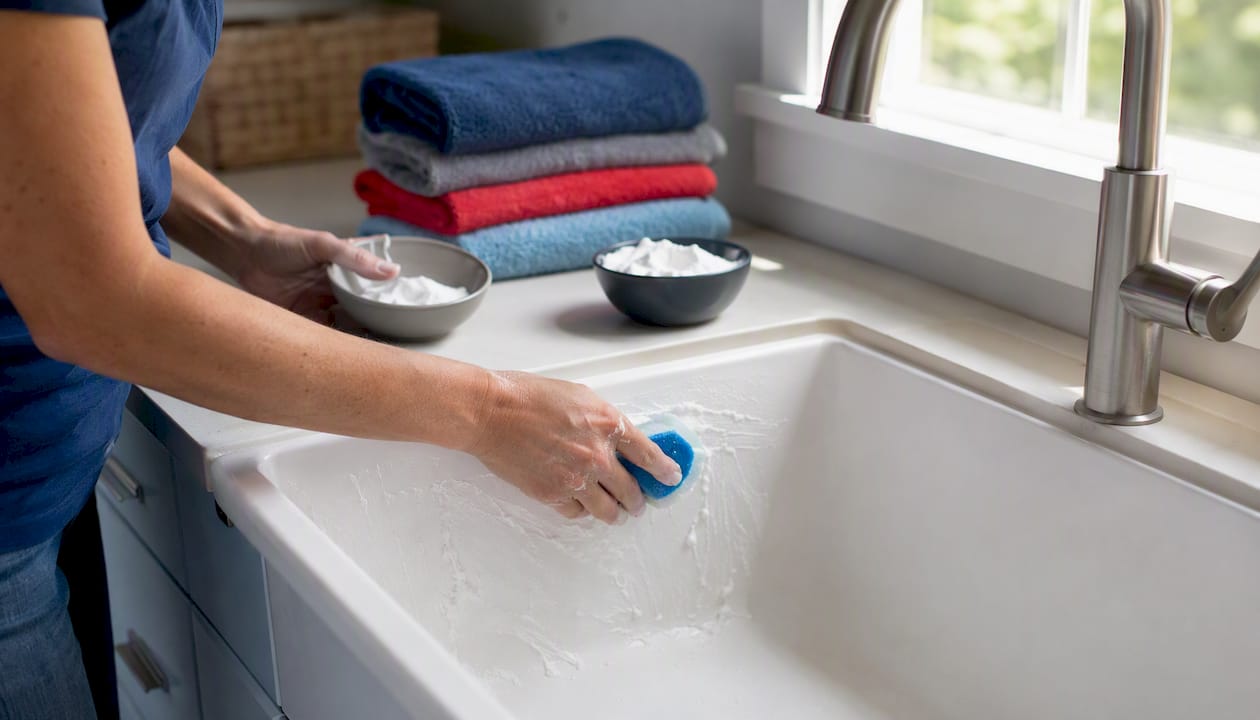 Hands applying baking soda paste on kitchen countertop