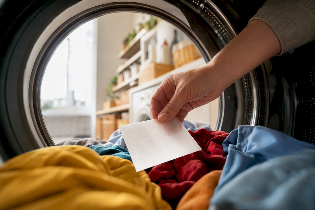 Hand placing detergent sheet in washing machine