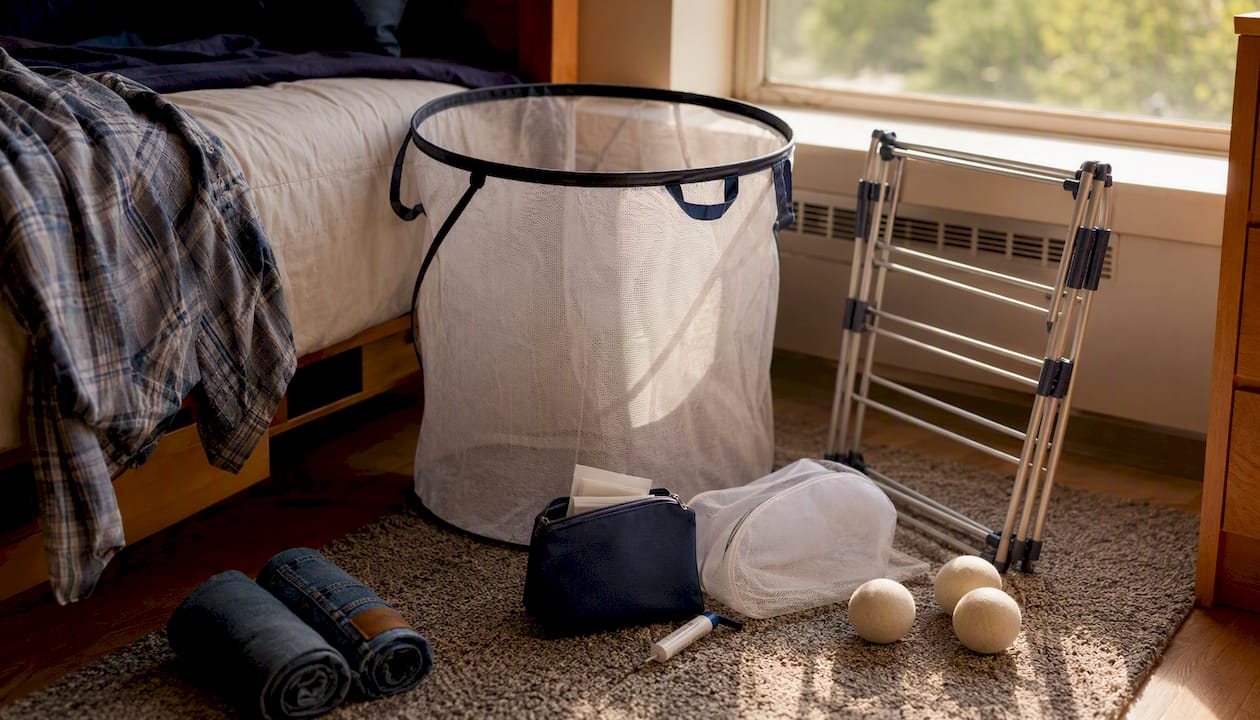 Dorm laundry essentials kit flat lay