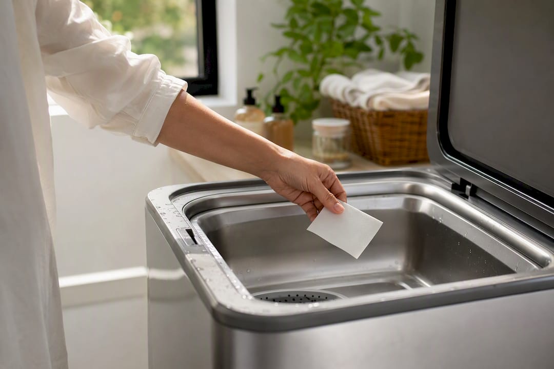 Hand placing laundry pod in washer drum