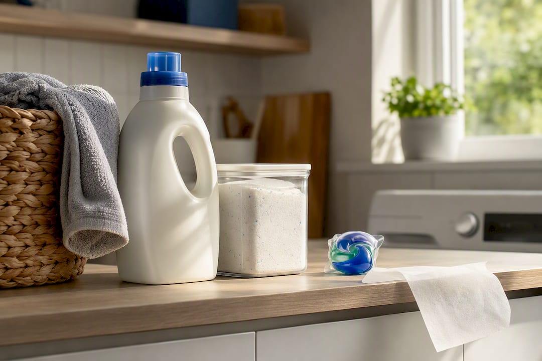 Various laundry detergent formats on kitchen counter