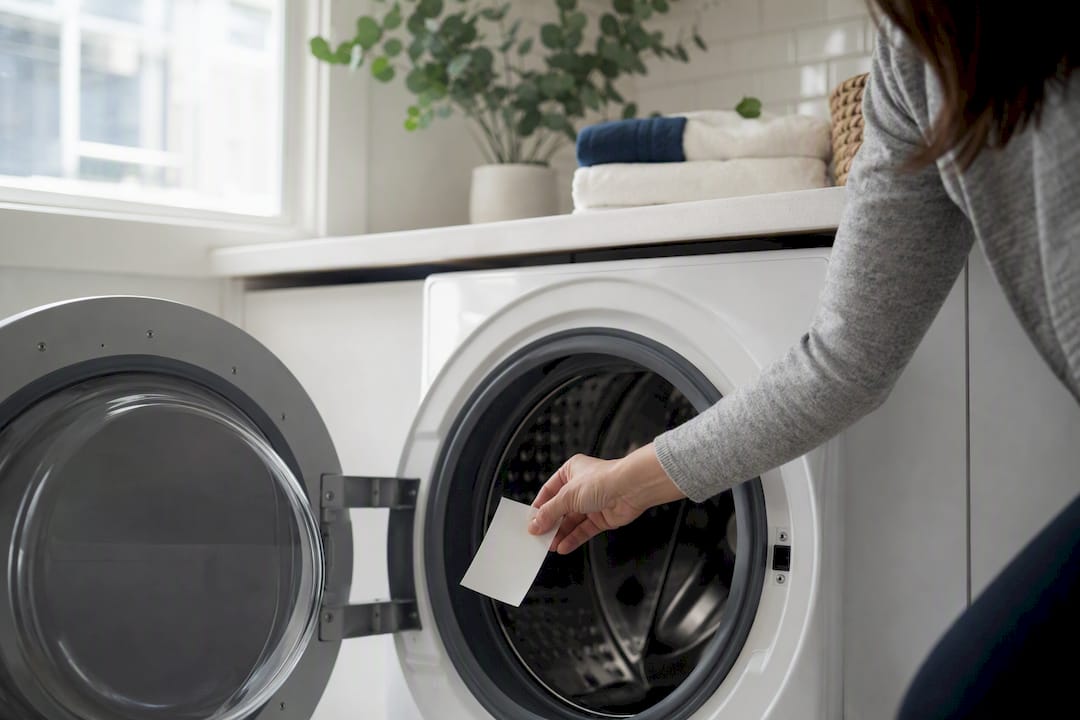 Hand placing detergent sheet in front load washer