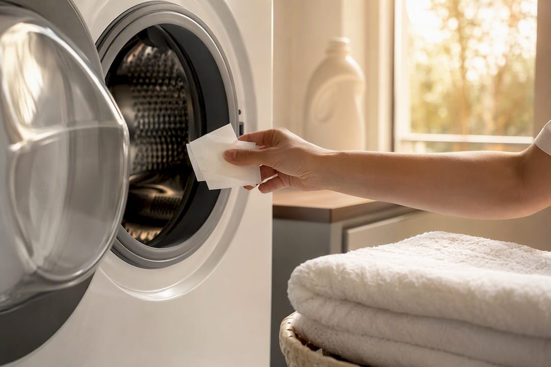 Hands placing detergent sheet in washing machine