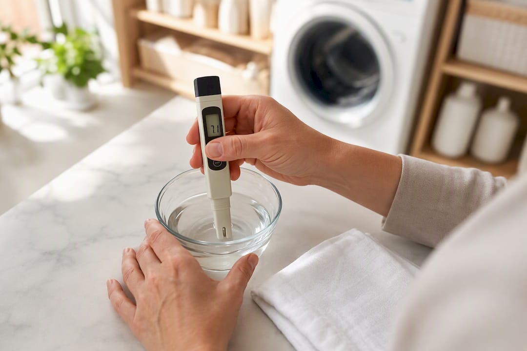 Hands measuring water pH in laundry