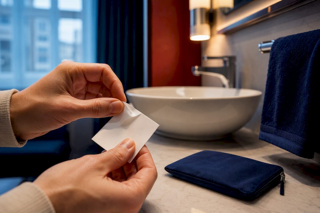 Traveler handling a pocket-sized detergent sheet