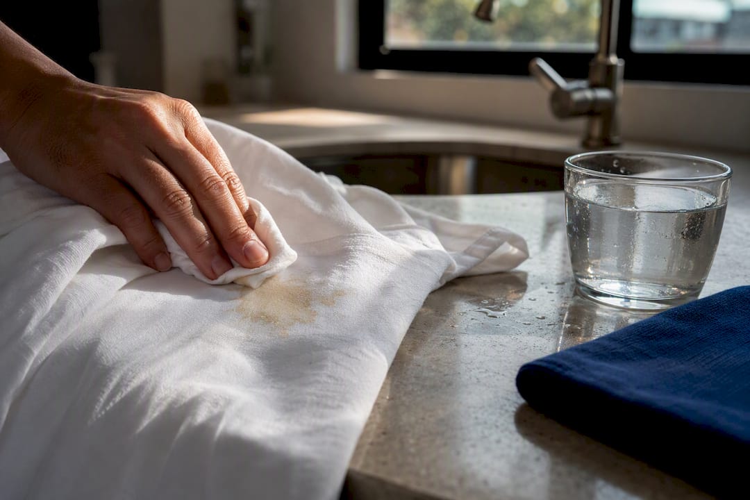 Hand treating sunscreen stain on white shirt