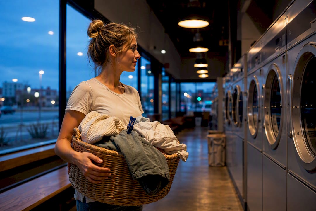 Traveler carrying laundry into laundromat