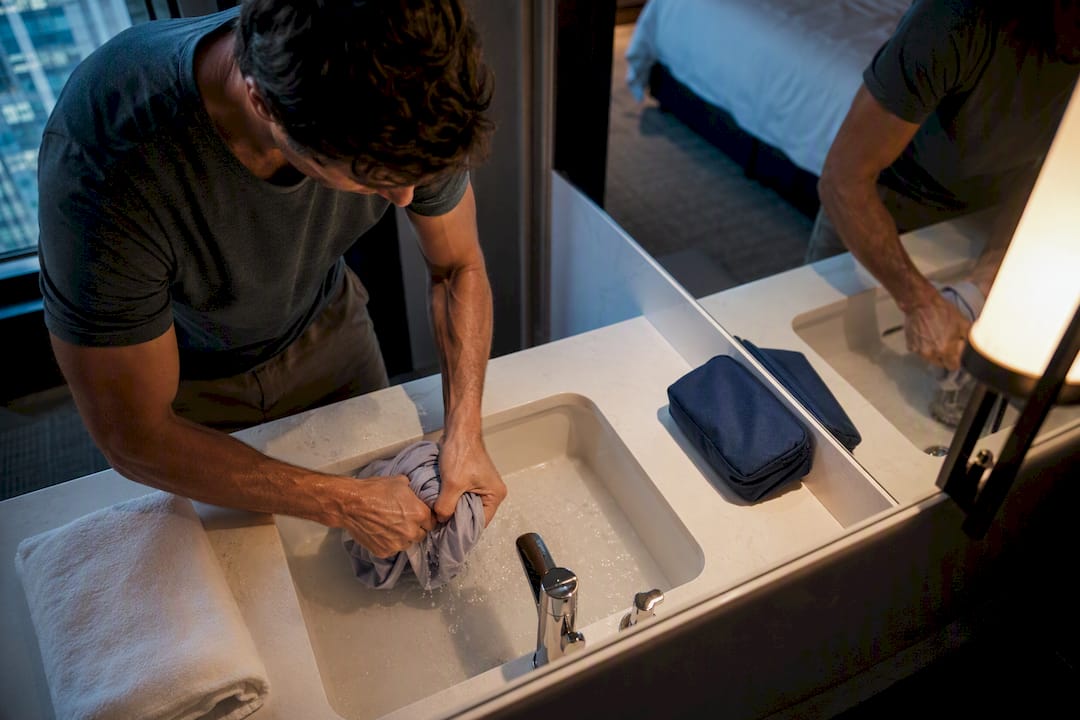 Traveler wringing shirt over hotel sink