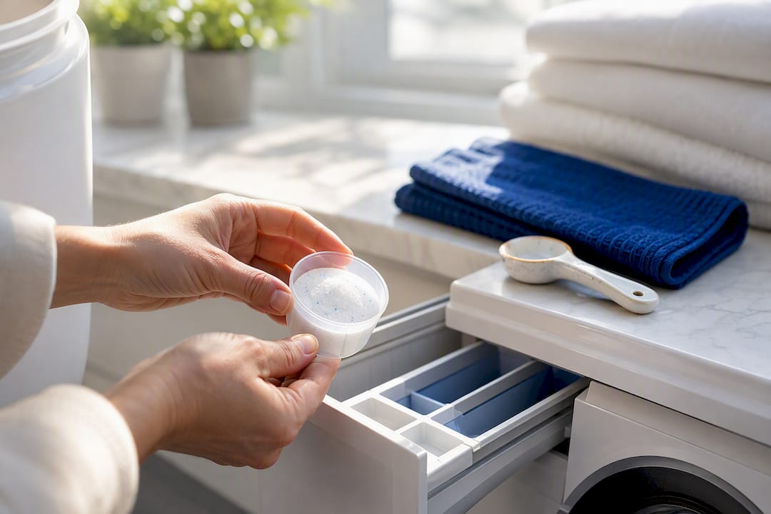 Hands measuring detergent beside washer drawer