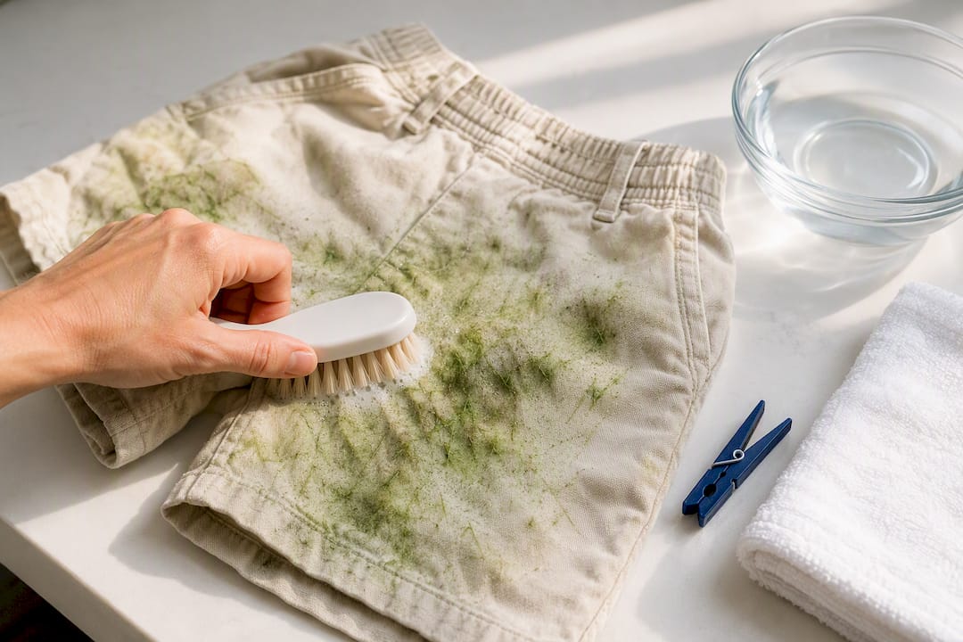 Hand treating grass stains on cotton shorts