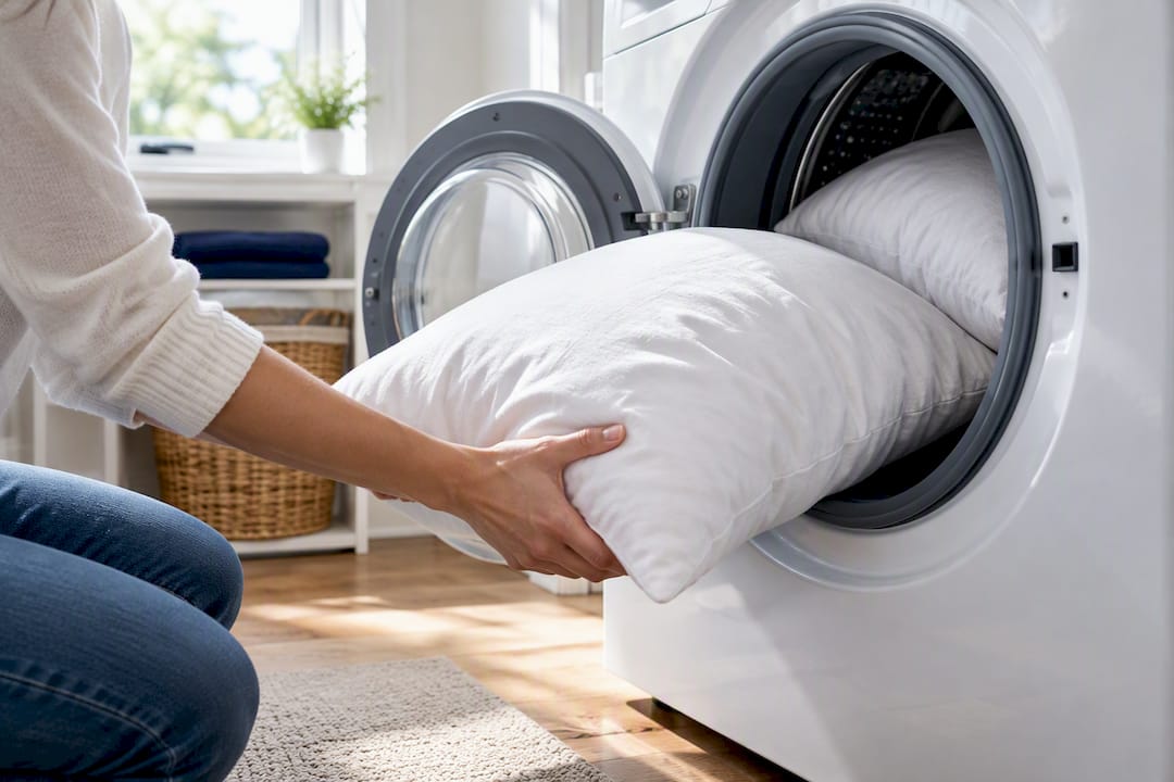 Hands loading white pillows into washing machine
