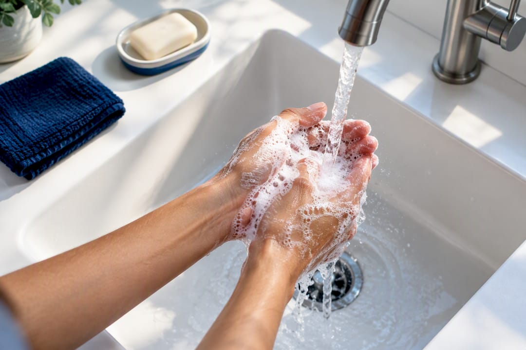 Hands lathering soap under cold running water