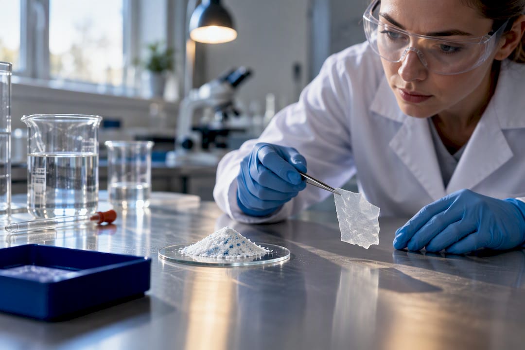 Technician comparing detergent formats in laboratory