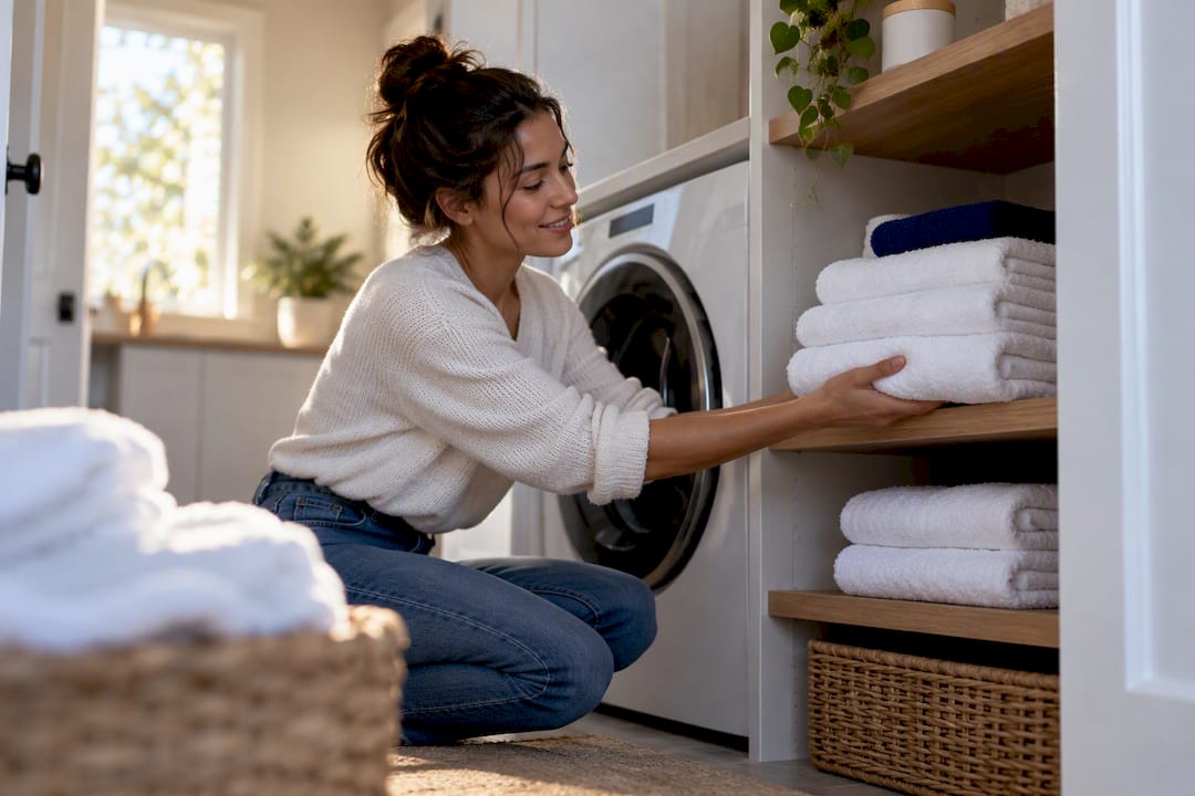 Host organizing freshly washed rental towels