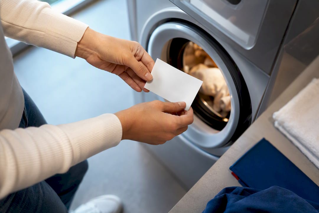 Hand placing detergent sheet in washer
