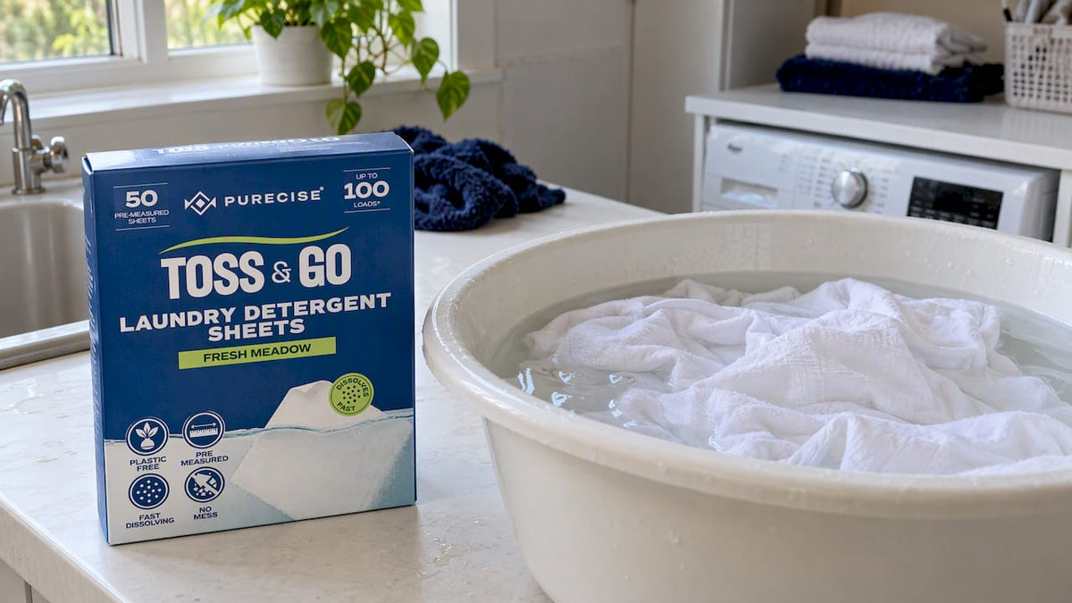 Purecise sheets beside soaking white clothes