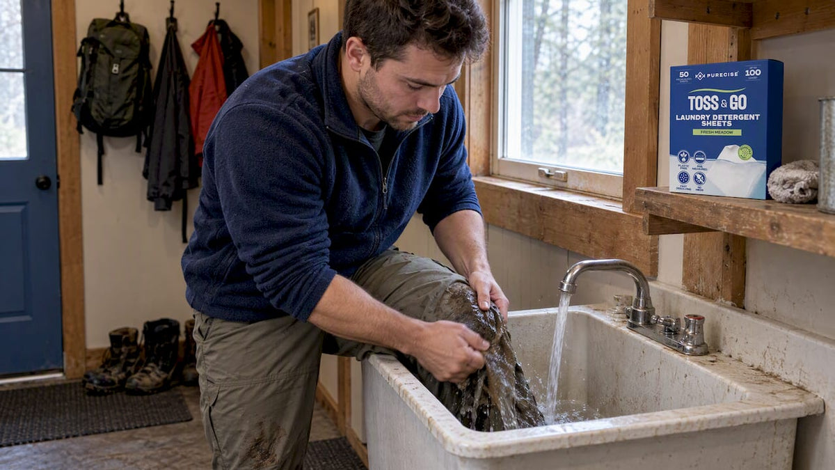 Camper rinsing mud from hiking pants