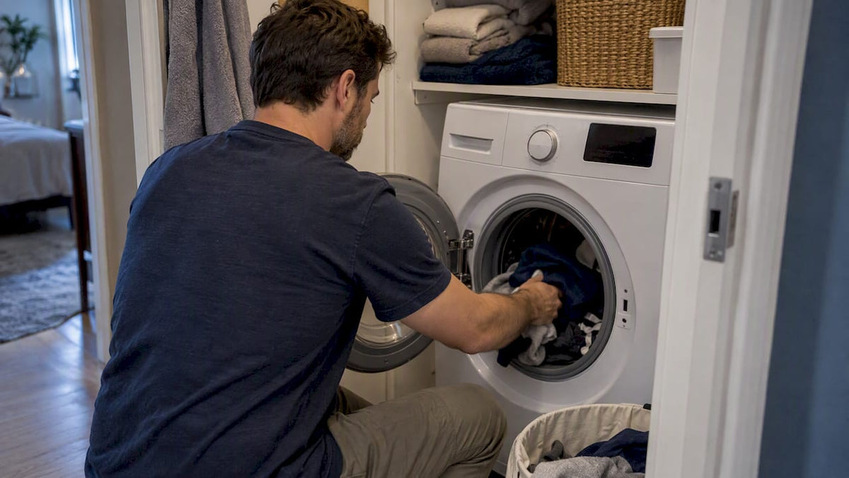 Man starting a careful laundry wash trial