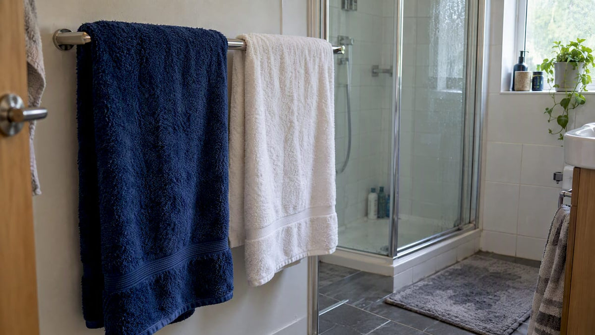 Navy and white bath towels drying on a rail