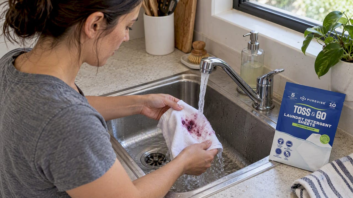 Traveler rinsing berry stain with cold water
