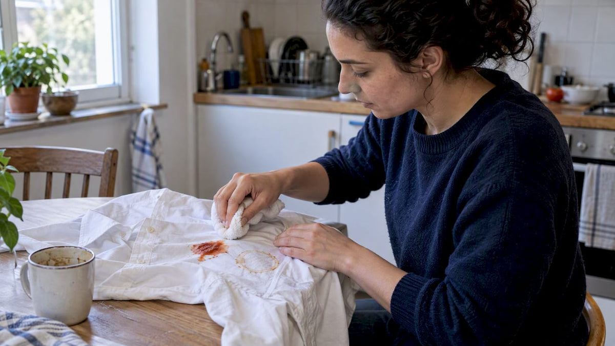 Commuter blotting coffee and sauce stains