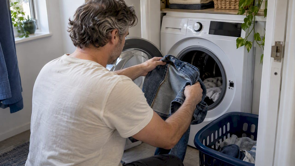 Man loading inside-out jeans into washer