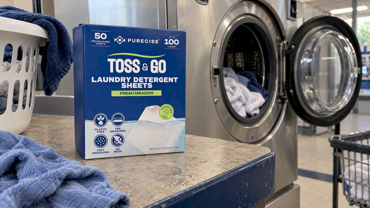 Purecise detergent sheets beside washer rinse water