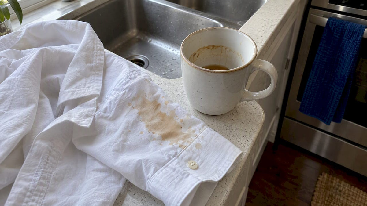 Tea-stained shirt beside a ringed mug