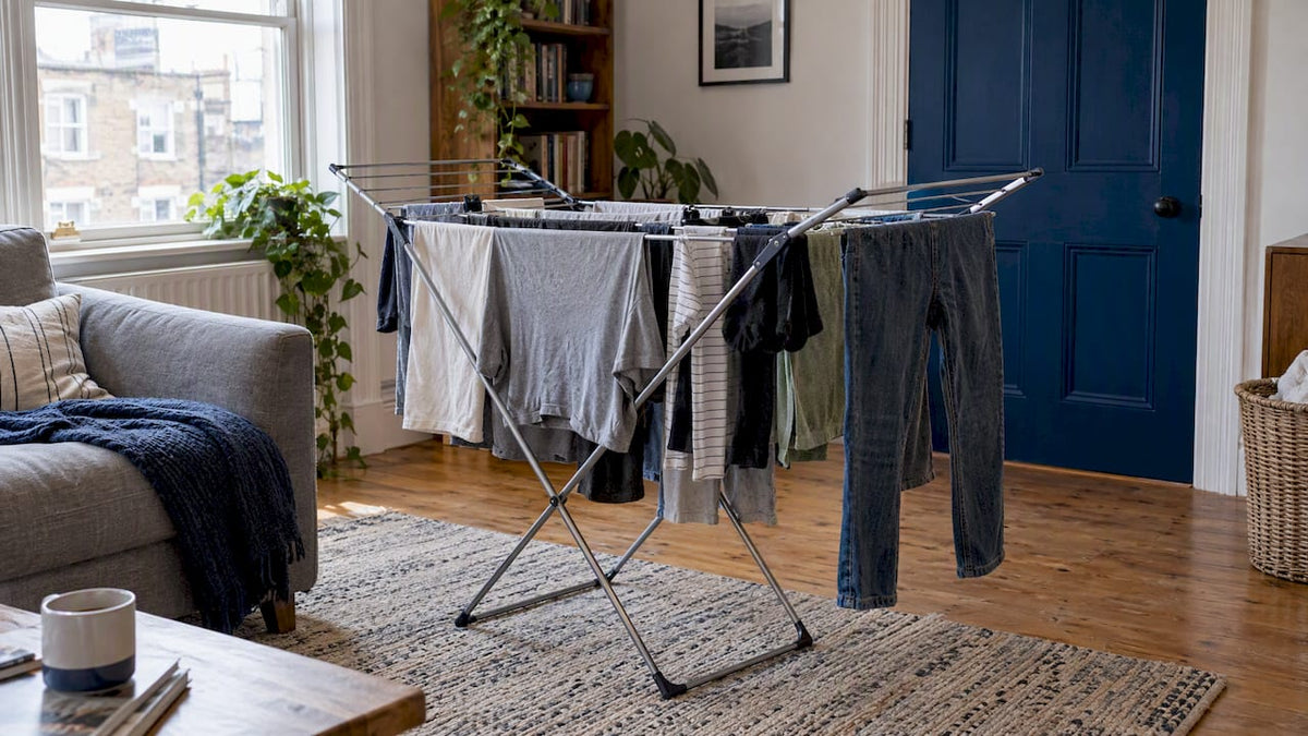 Laundry drying on a rack indoors