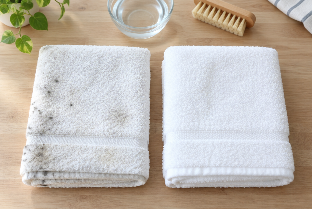 A mildewed white towel next to a clean one