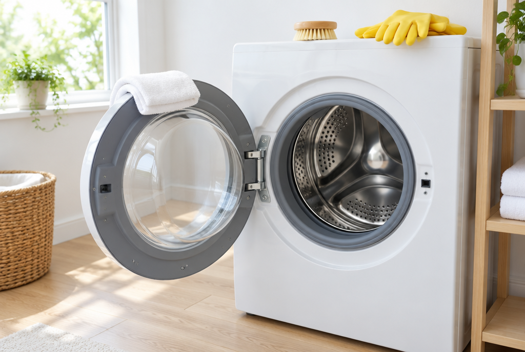 An open front-load washing machine with a clean door seal, a cloth, brush and rubber gloves ready for cleaning