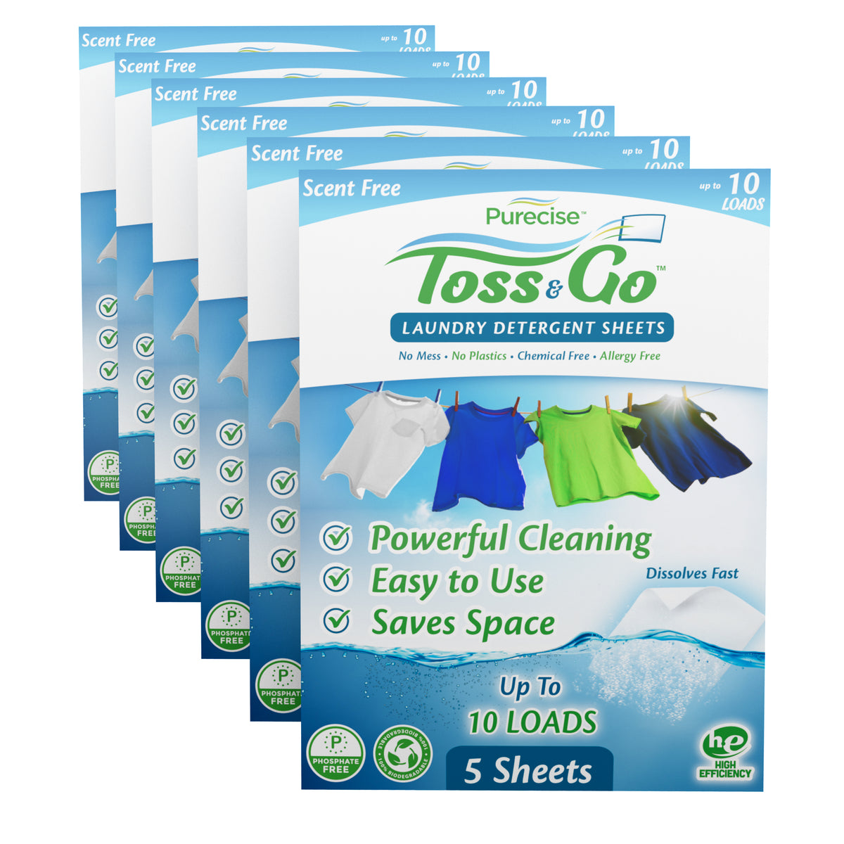 Toss & Go Laundry Detergent Sheets Six Pack (Up To 60 Loads) - Purecise Clean