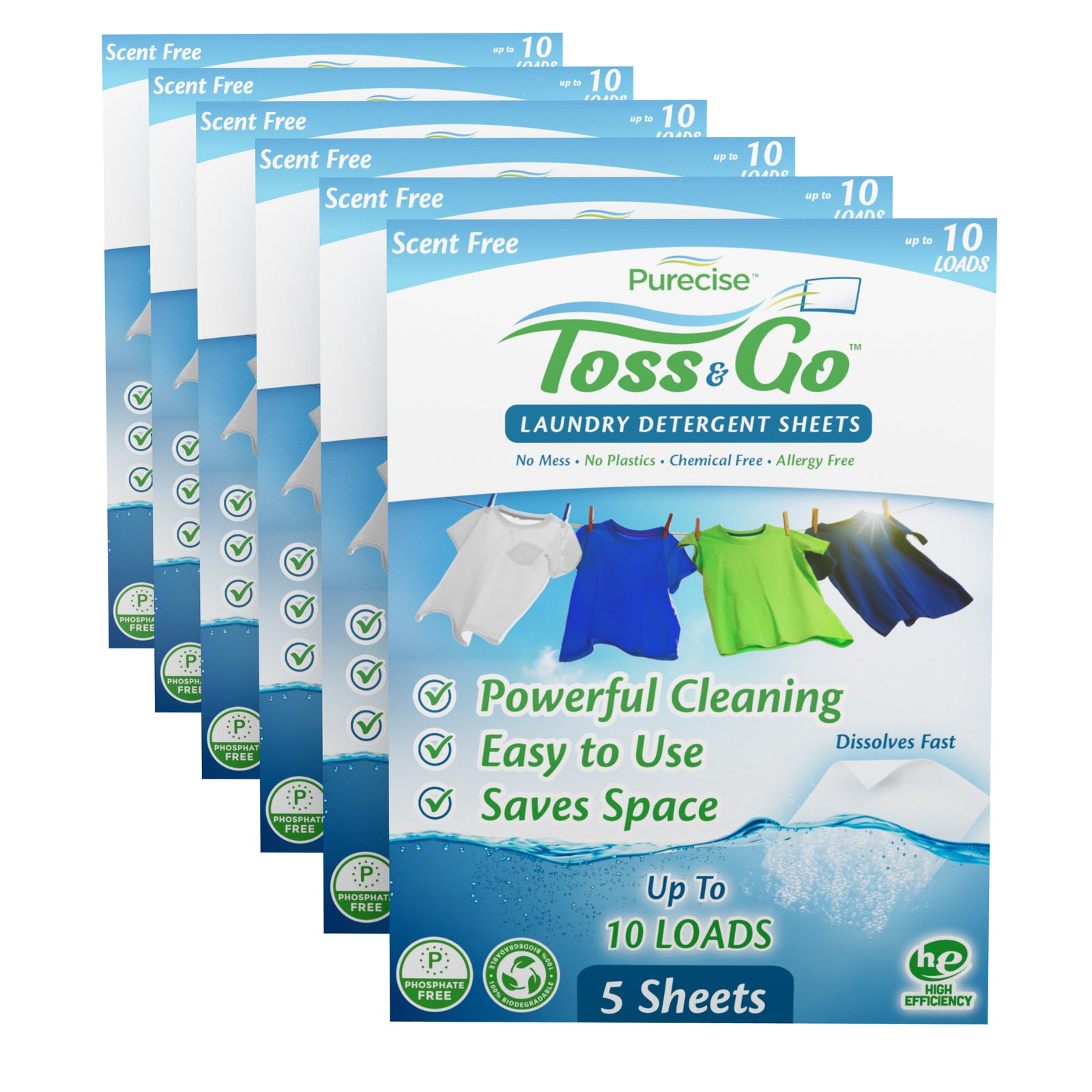 Toss & Go Laundry Detergent Sheets Six Pack (Up To 60 Loads) - Purecise Clean