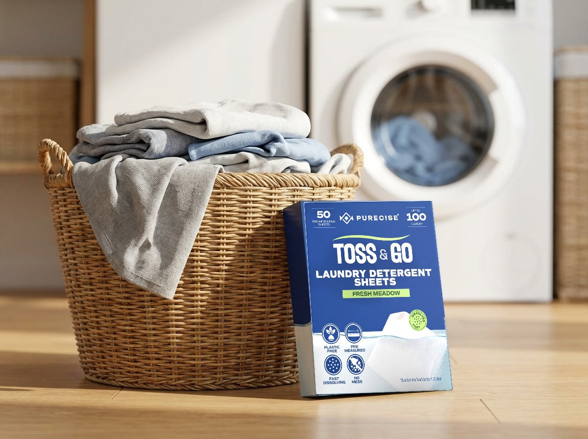 A Purecise Toss & Go box of 50 laundry detergent sheets leaning against a wicker basket of folded laundry, with a washing machine behind