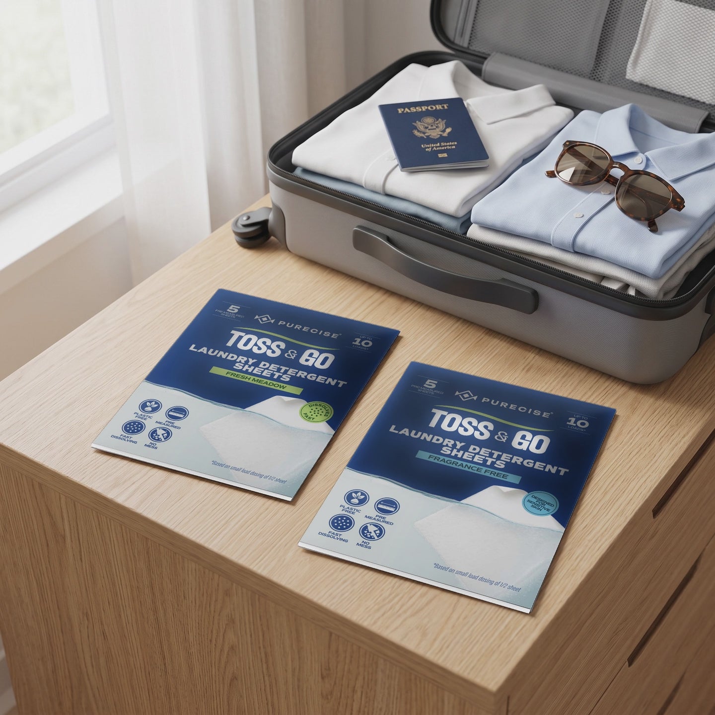 Purecise Toss & Go travel envelopes, Fresh Meadow and Fragrance Free, on a dresser beside a packed suitcase